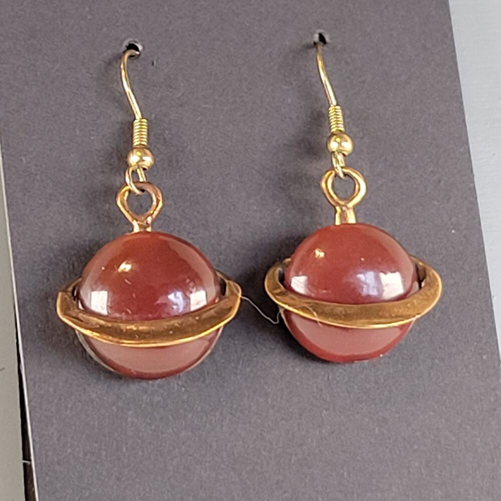 Gold Saturn Planet Dangle Earrings Brown Sphere Bead Hook Jewelry Retro Style